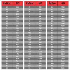 Tablas con índice de carga de neumáticos y sus correspondientes valores en KG.