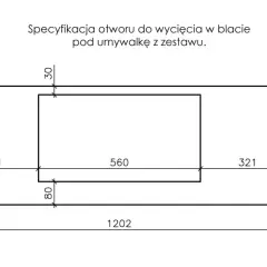 Schemat otworu pod umywalkę nablatową. Wymiary blatu: 1202x410 mm, otwór 560x321 mm.