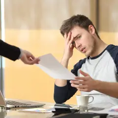 Zestresowany mężczyzna otrzymuje dokumenty, jego twarz wyraża zmartwienie. To trudna odprawa.