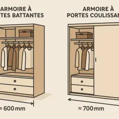 Comparaison de la profondeur d'un dressing : 600 mm pour une armoire à portes battantes, 700 mm pour une armoire à portes coulissantes.