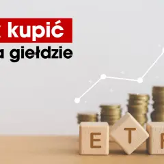 Jak kupić ETF na giełdzie? Grafika z kostkami ETF, stosami monet i wykresem wzrostu.