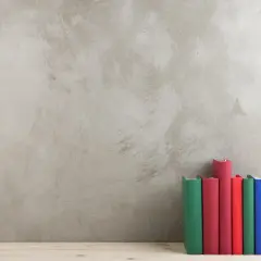 Bunte Bücher stehen vor einer Wand in Beton Optik.