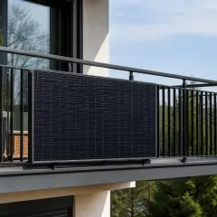 Nowoczesne balkony z czarnymi balustradami, na jednym z nich panel fotowoltaiczny.
