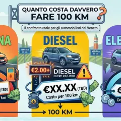 Confronto costi auto: benzina, diesel e elettrico. Quanto diesel per 100 km? L'immagine mostra i costi per 100 km di diversi tipi di auto.