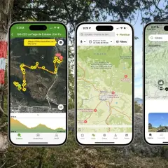 Tres pantallas de una **aplicación senderismo** muestran mapas detallados de rutas, perfiles de elevación y opciones de planificación.