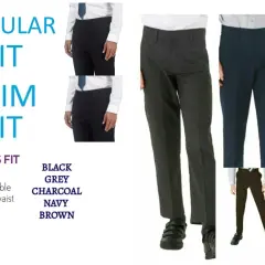 Zdjęcie przedstawia różne kroje i kolory spodni chłopięcych: regular fit, slim fit, plus fit, w kolorach czarnym, szarym, grafitowym, granatowym i brązowym.