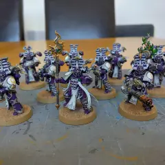Dziewięciu pomalowanych żołnierzy z Warhammera, w tym jeden tysiąc synów, w fioletowych i srebrnych zbrojach, stoi na piaskowych podstawkach.