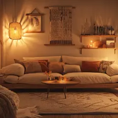 Gemütliches Wohnzimmer mit warmen Farbkombinationen, Kaminfeuer und Kerzenlicht.