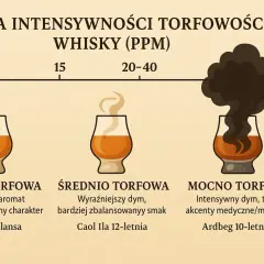 Skala torfowości whisky: lekko, średnio i mocno torfowa. Fenol i suszenie torfem to przyczyny dymnego posmaku.