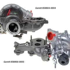 Dwa turbosprężarki Garrett. Jedna z nich, Garrett 858864-0004, może być przyczyną problemów z master 2.3 biturbo, gdy brakuje mocy.
