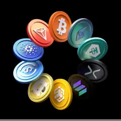 Krąg monet kryptowalutowych, w tym Bitcoin, Ethereum i inne. Niektóre z nich mogą symbolizować ujemne saldo, gdy rynek spada.