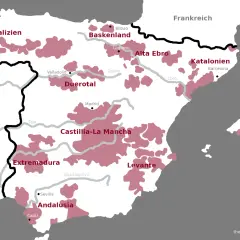 Karte Spaniens mit Anbaugebieten für spanische Rotweinsorten in Regionen wie Rioja, Ribera del Duero und Katalonien.