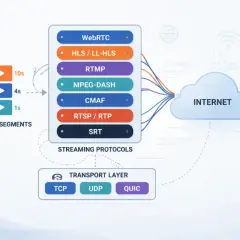 Diagram shows an origin server sending media segments via various streaming protocols like RTSP/RTP, then the internet to devices like laptops and smart TVs.