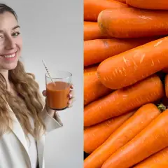 Frau mit Karottensaft und ein Haufen Karotten. Sie genießt jeden Tag eine Karotte für ihre Gesundheit.
