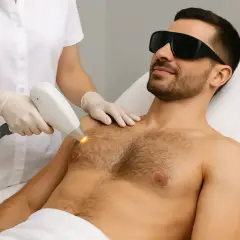 Mężczyzna w okularach ochronnych poddaje się depilacji laserowej klatki piersiowej. Sprawdź, jaka jest depilacja klatki piersiowej u mężczyzn cena.
