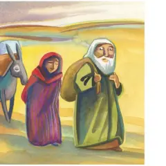Abraham und Sara ziehen mit einem Esel durch eine karge Landschaft.