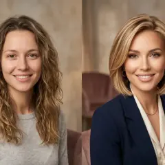 Przed i po: metamorfoza z kręconych włosów w elegancką fryzurę long bob.