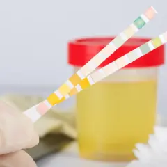 Rękawiczka trzyma paski testowe do analizy moczu, obok pojemnika z żółtym płynem. Wyniki mogą wskazywać na poziom kwasu moczowego w surowicy.