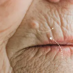 Primer plano de arrugas en el labio superior, mostrando la textura de la piel madura y un pequeño bulto.