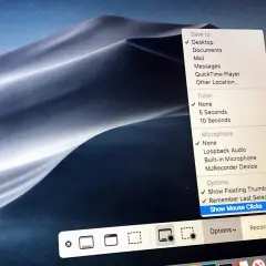 Print screen skrót: menu opcji nagrywania ekranu z zaznaczoną opcją "Show Mouse Clicks".