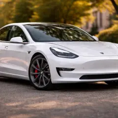 Biały sedan, jeden z popularnych modele samochodów elektrycznych, zaparkowany na tle jesiennych drzew.