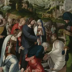 Scena biblijna: Jezus wskrzesza Łazarza. Wokół tłum ludzi, w tym Maria i Marta.