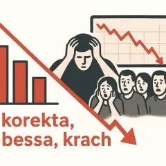 Zestresowani ludzie patrzą na wykresy z opadającymi słupkami i linią. To symboliczny obraz krachu na giełdzie i bessy.