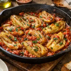 Poêlée de fenouil braisé dans une sauce tomate épicée, garnie de persil frais. Une délicieuse recette fenouil à partager.