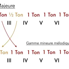Comparaison des intervalles entre les degrés de la gamme majeure et de la gamme mineure mélodique ascendante.