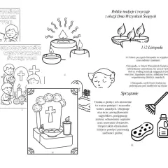 Ilustracje zniczy, dzieci modlących się i nagrobka na Święto Zmarłych.