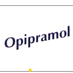Napis "Opipramol" w kolorze granatowym z fioletowym cieniem. Mały żółty punkcik na dole.