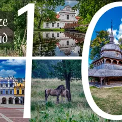 Roztocze na weekend: kolorowe kamienice, drewniana cerkiew, konie, pałac i strumień.