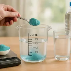 Préparation de la bouillie bordelaise : une main verse une cuillère de poudre bleue dans un bécher gradué contenant de l'eau. Une balance est à côté.