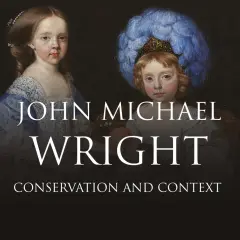 Two children in elaborate 17th-century attire are depicted in a painting titled "John Michael Wright: Conservation and Context.
