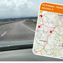 Droga S7 Kraków - Myślenice, wariant A, z mapą przebiegu trasy i widokiem na pustą autostradę.
