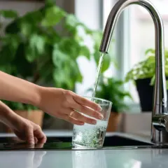 Ręka nalewa wodę do szklanki. Woda z kranu może zawierać bakterie, dlatego warto ją filtrować.