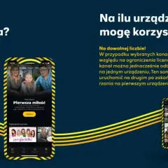Grafika przedstawia ekran telefonu z aplikacją Polsat Go, na którym widać okładki seriali i filmów.