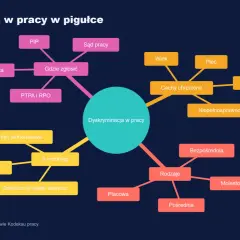 Mapa myśli o dyskryminacji w pracy: przyczyny (wiek, płeć, pochodzenie, niepełnosprawność), formy (bezpośrednia, pośrednia, molestowanie), gdzie zgłosić (PIP, sąd pracy, pracodawca), cechy chronione i odwrócony ciężar dowodu.