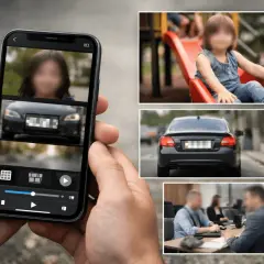 Überwachungsvideos auf dem iPhone: Gesichter und Kennzeichen sind verpixelt. Eine Überwachungskamera filmt ein Auto.