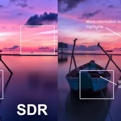 Porównanie SDR i HDR: łódź na tle zachodu słońca. HDR ukazuje więcej detali w jasnych i ciemnych partiach obrazu.
