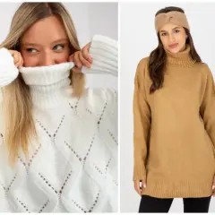 Dwa swetry damskie plus size: biały z golfem i ażurowym wzorem oraz camelowy, luźny golf.