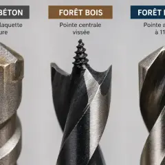Trois forets : béton (pointe carbure), bois (pointe centrale vissée) et métal (pointe affûtée). Idéal pour votre mode percussion perceuse.