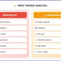 Dwie twarze narcyza: idealizacja (bombardowanie miłością, uwaga) i dewaluacja (krytyka, gaslighting). Poznaj cechy narcystyczne.