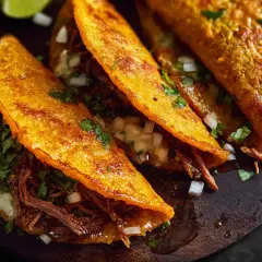 Tre saftiga birria tacos med strimlat kött, lök och koriander på en mörk träbricka.