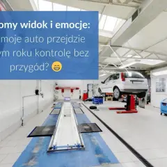 Warsztat samochodowy, auto na podnośniku. Zastanawiasz się, ile za przegląd auta i czy przejdziesz kontrolę bez przygód?