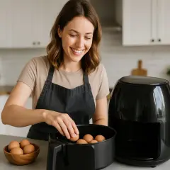 Uśmiechnięta kobieta wkłada jajka do frytkownicy beztłuszczowej. Szybkie i zdrowe jajka z airfryer to jej sekret na pyszne śniadanie.
