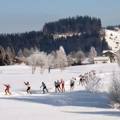 Narciarze biegowi ścigają się na trasie w Bieszczadach. W tle zimowy krajobraz z lasem i domami.