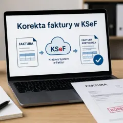 Korekta faktury w KSeF. Czy można wystawić korektę do korekty? Na ekranie laptopa schemat procesu, na biurku notatnik z napisem "FAKTURA korekta" i wydruk faktury z pieczątką "KOREKTA".