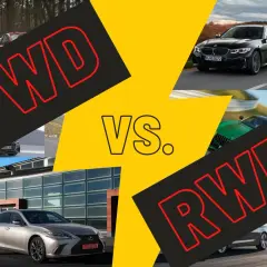 Porównanie aut z napędem FWD i RWD. Widoczne samochody: Lexus, BMW, zielony sportowy model.