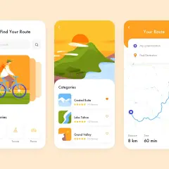 A route-finding app showcasing vibrant, best app color schemes. It features a cyclist illustration, destination categories, and a map with route details.